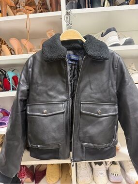 Piombo Black Leather Bomber Jacket with Black Shearling Collar